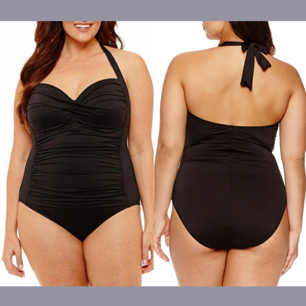 NWT Liz Claiborne [ 16W ] Sweetheart Halter One Piece Swimsuit‎ Black